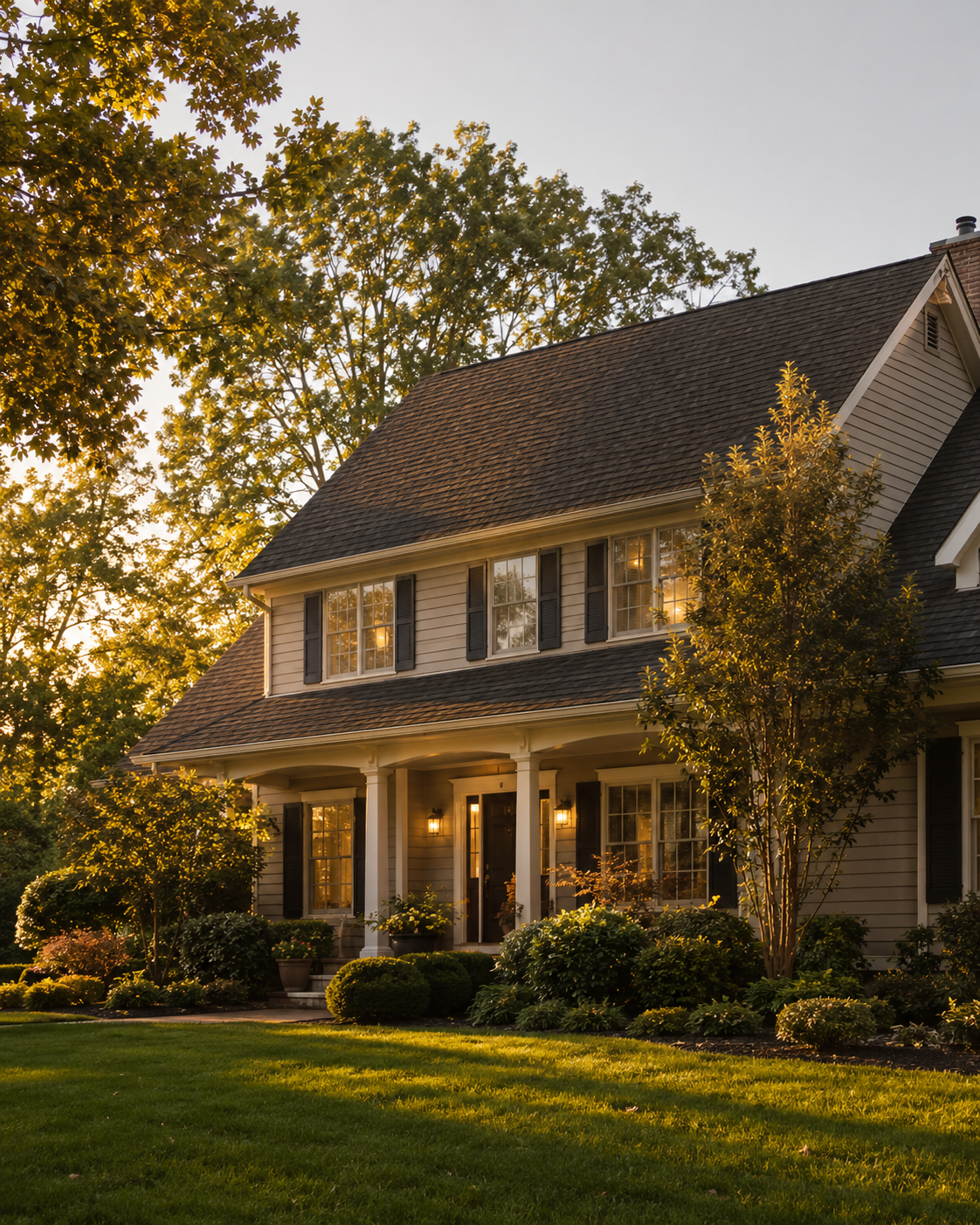 A well-kept New Jersey home with a healthy asphalt-shingle roof in golden-hour light